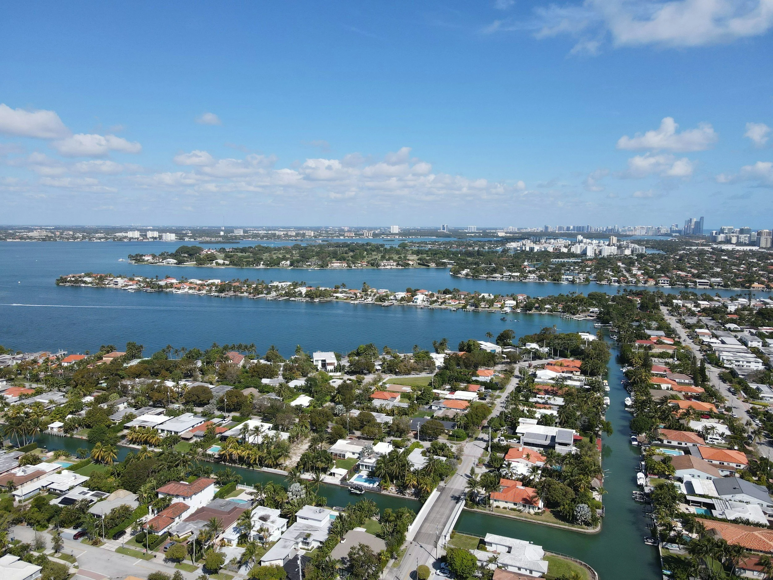 Aerial view of a city with a bridge over water, numerous residential houses, high-rise buildings in the distance, and a partly cloudy sky.