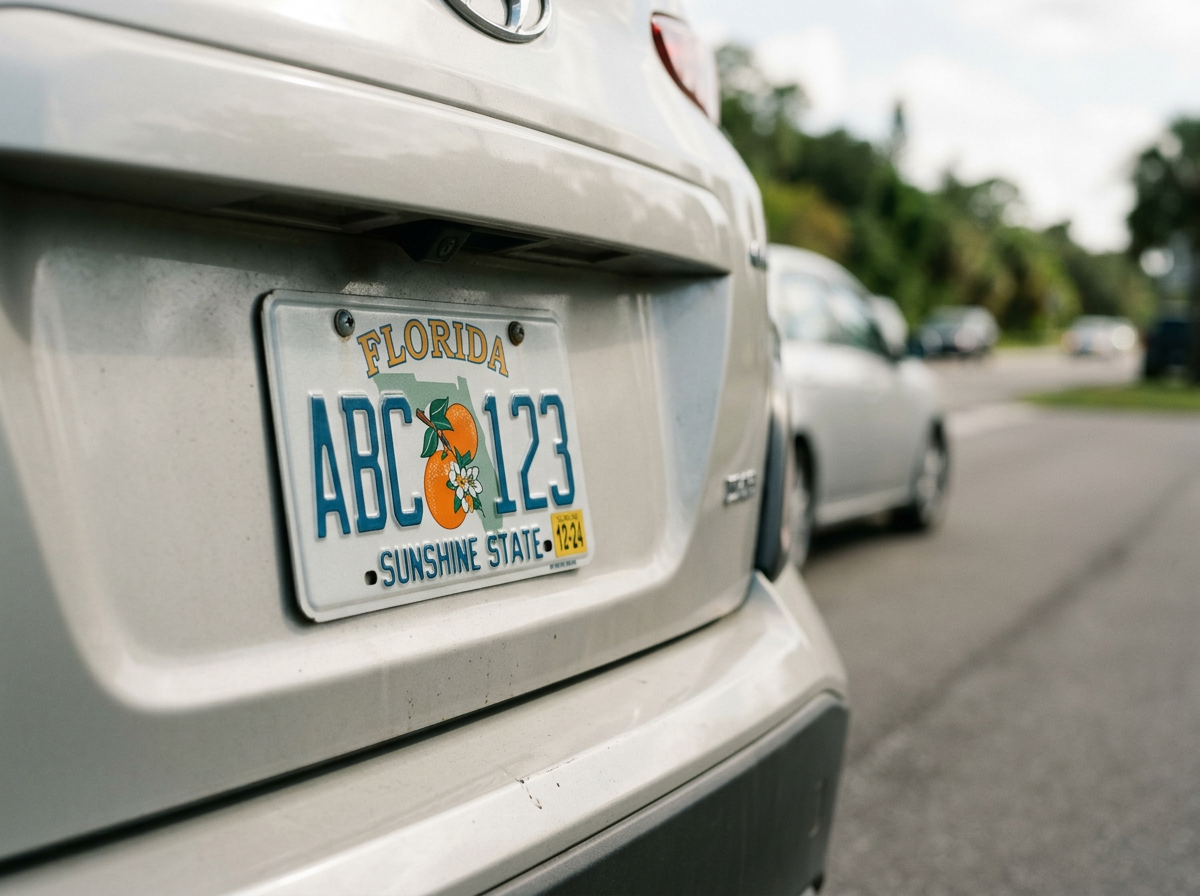 Florida license plate displayed on a registered vehicle, representing vehicle registration and ownership in Florida.