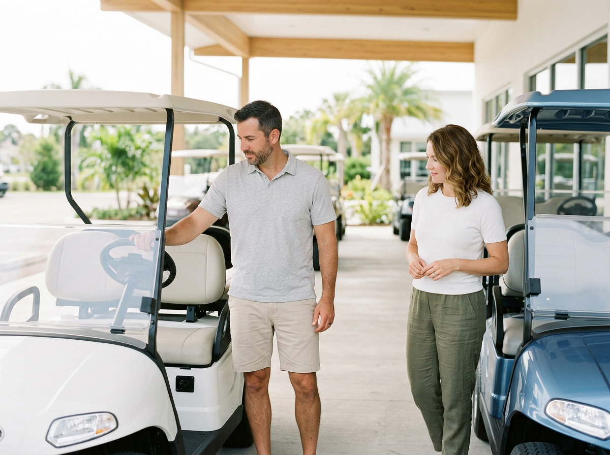 A man and a woman are standing next to golf carts at a golf course or country club, with the man looking into the cart and the woman looking at him.