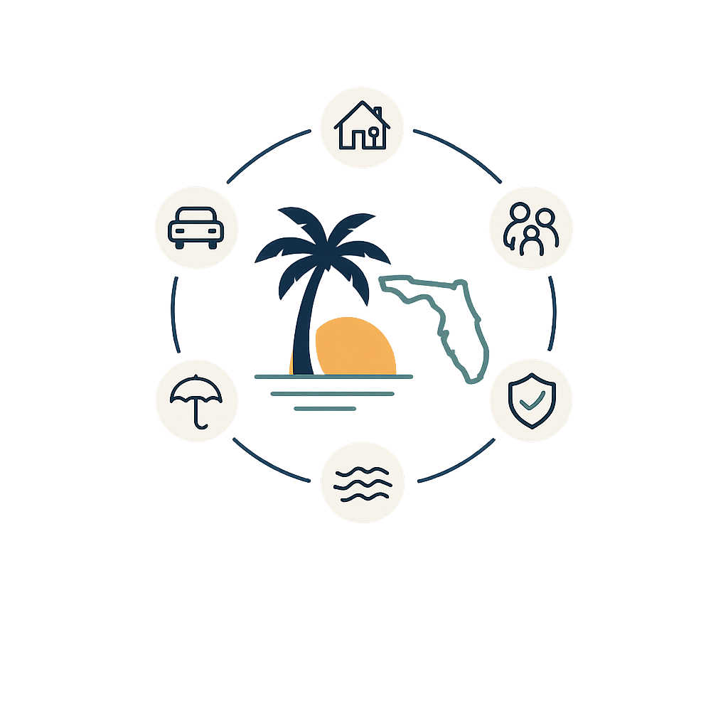 Illustration representing Florida homeownership, insurance, family, flood protection, vehicles, and coastal living.