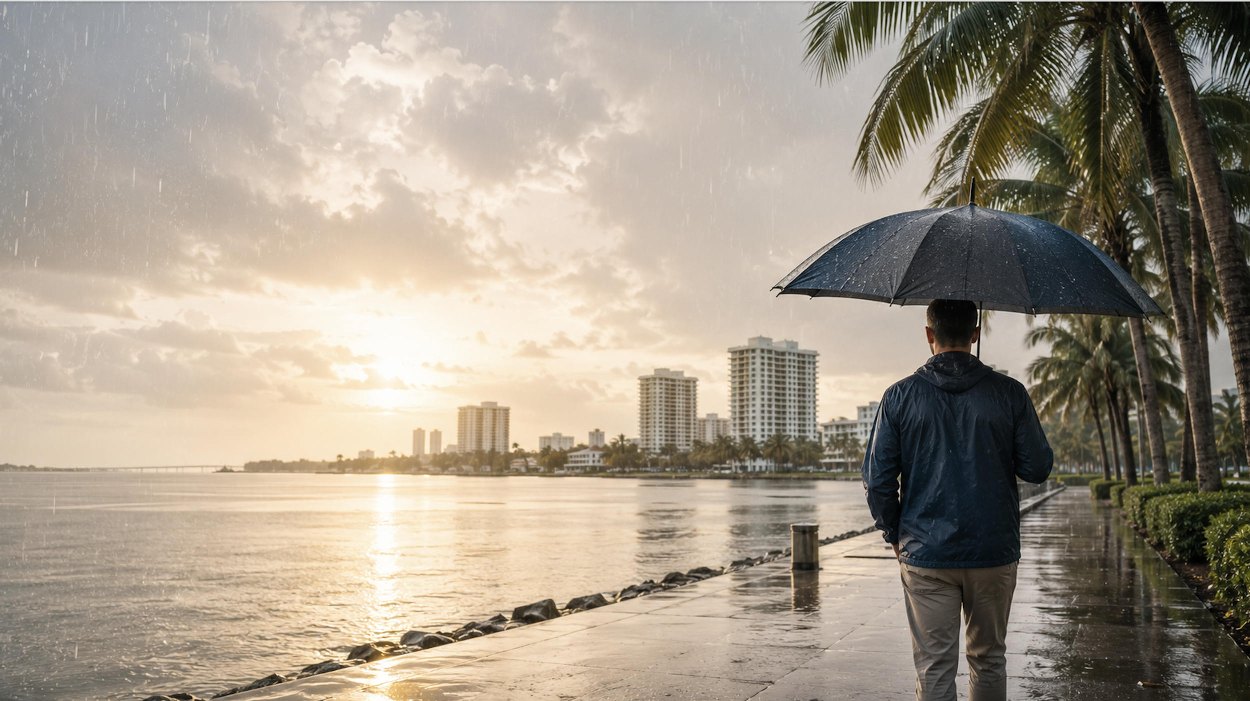 A man walking along a waterfront path during rain at sunset, holding a black umbrella, with tall buildings and palm trees in the background.