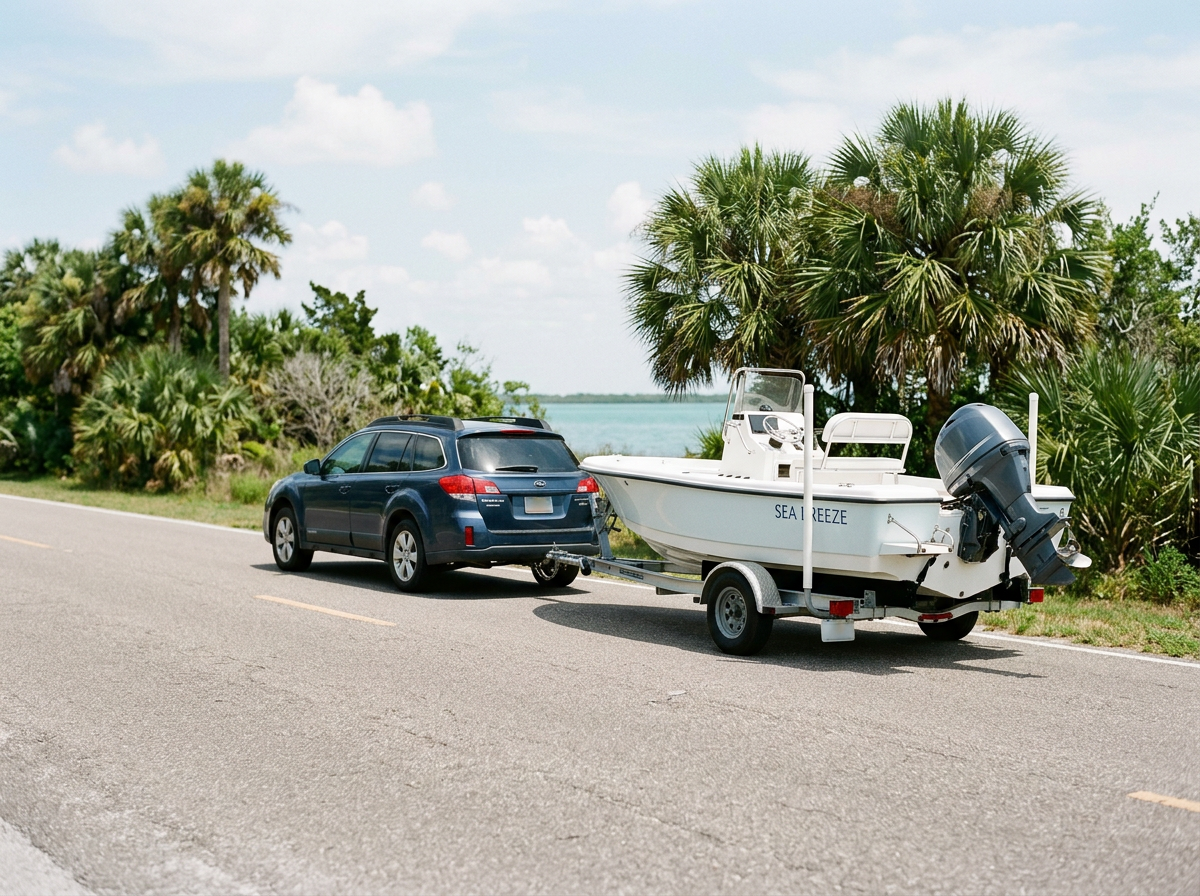 A blue SUV towing a small white boat with an outboard motor on a trailer along a paved road with palm trees and a body of water in the background.