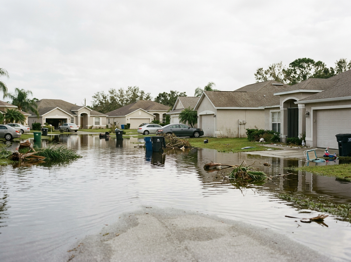 Flooded Florida neighborhood with homes, streets, and vehicles surrounded by rising floodwaters after a major storm.