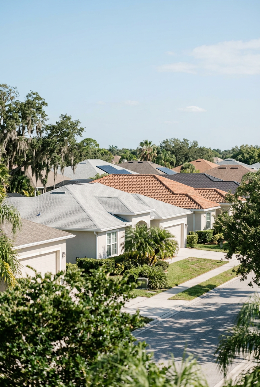 A neighborhood with houses that have landscaped lawns, trees, and solar panels on some roofs under a partly cloudy sky.