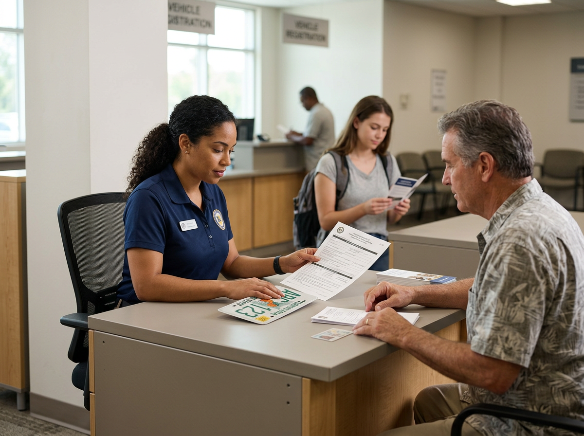 A man sitting at a desk in a government office in Florida, receiving assistance from a female officer, with a woman with a backpack in the background.