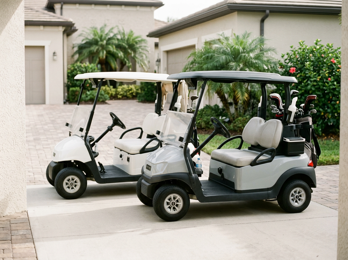 Two golf carts parked side by side on a driveway in front of a house, with tropical plants and bushes in the background.