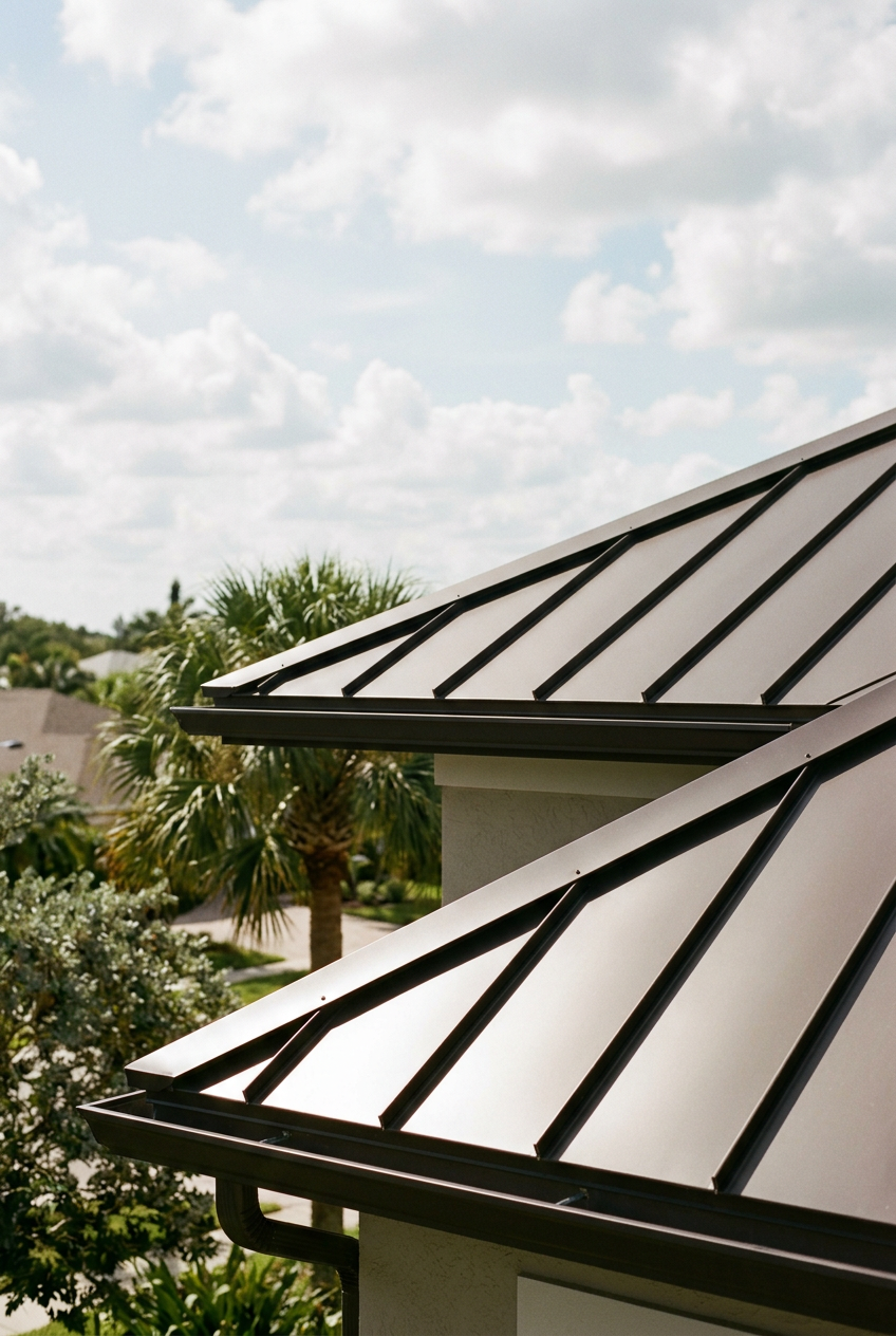 Close-up of metal roof panels on a house with trees and cloudy sky in the background.