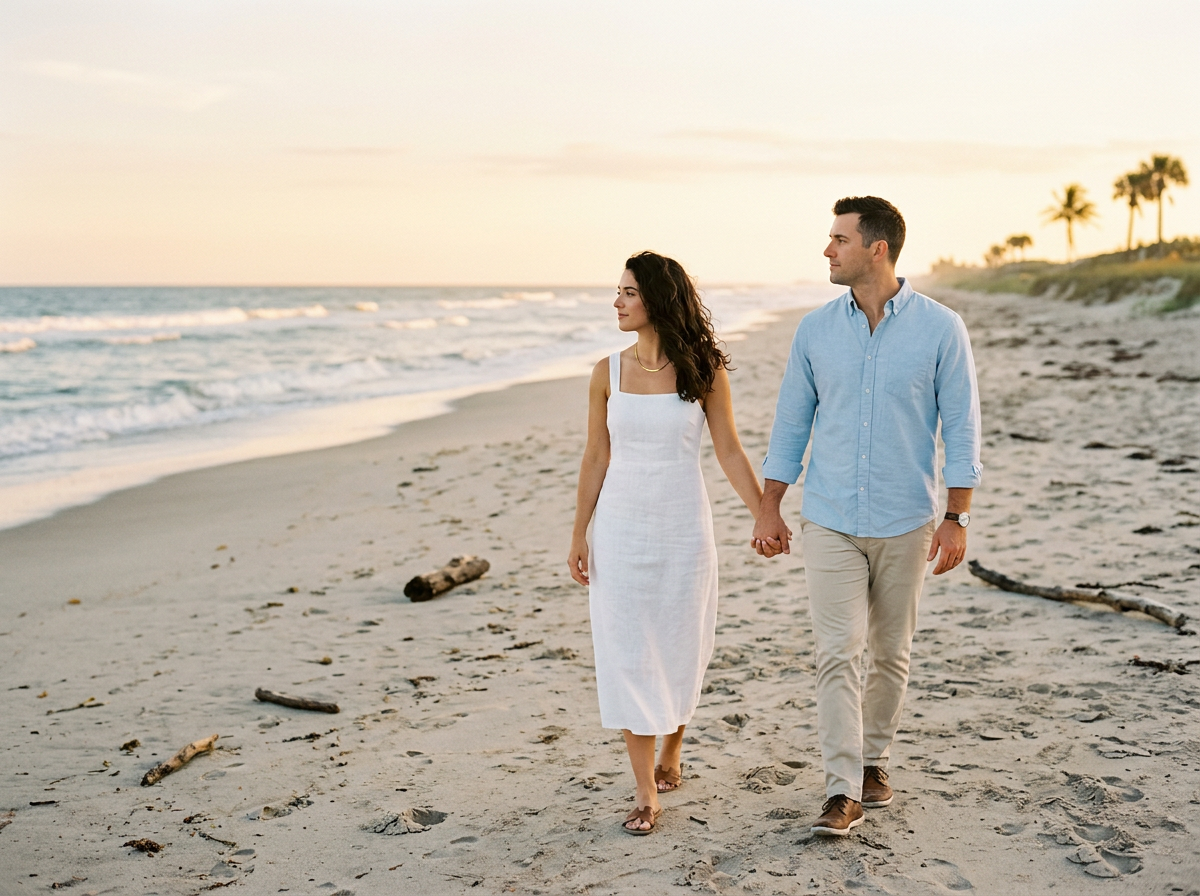 A couple walking hand in hand on a sandy beach in Florida with palm trees in the background during sunset.