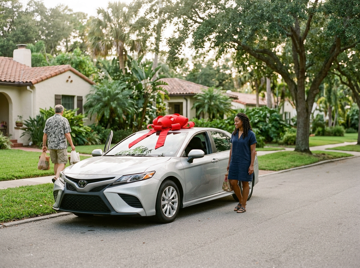 A woman standing next to a silver Toyota sedan with a large red bow on the roof, parked on a suburban street. A man is walking away carrying grocery bags, and there are houses and trees in the background.