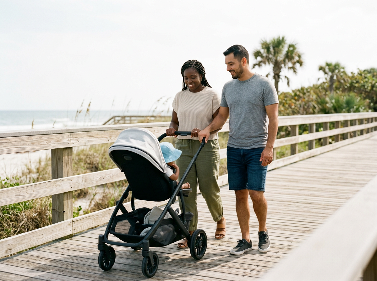 A family enjoying time on a wooden boardwalk near the beach, with a woman and a man pushing a stroller with a young child in it.