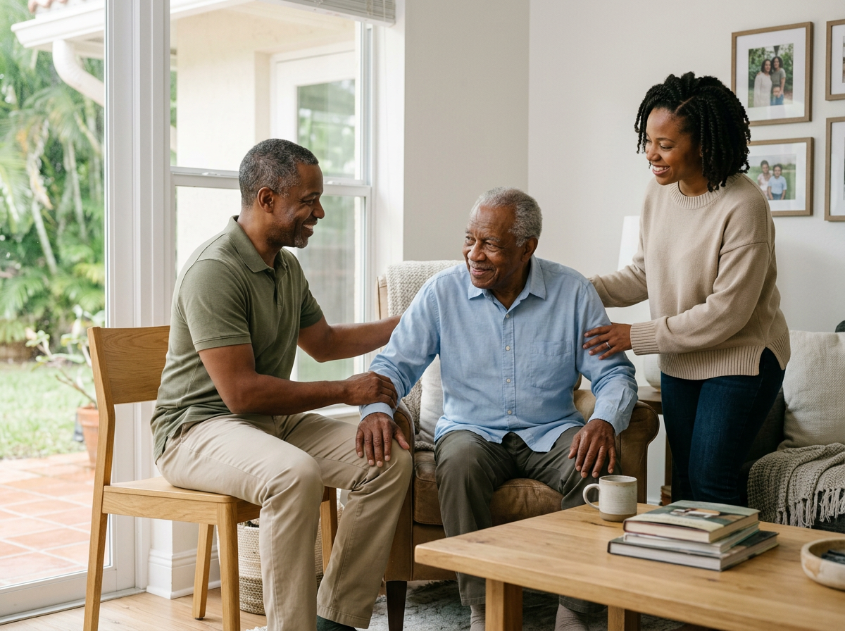 Family gathered in living room, smiling and talking, with sunlight coming through large windows.