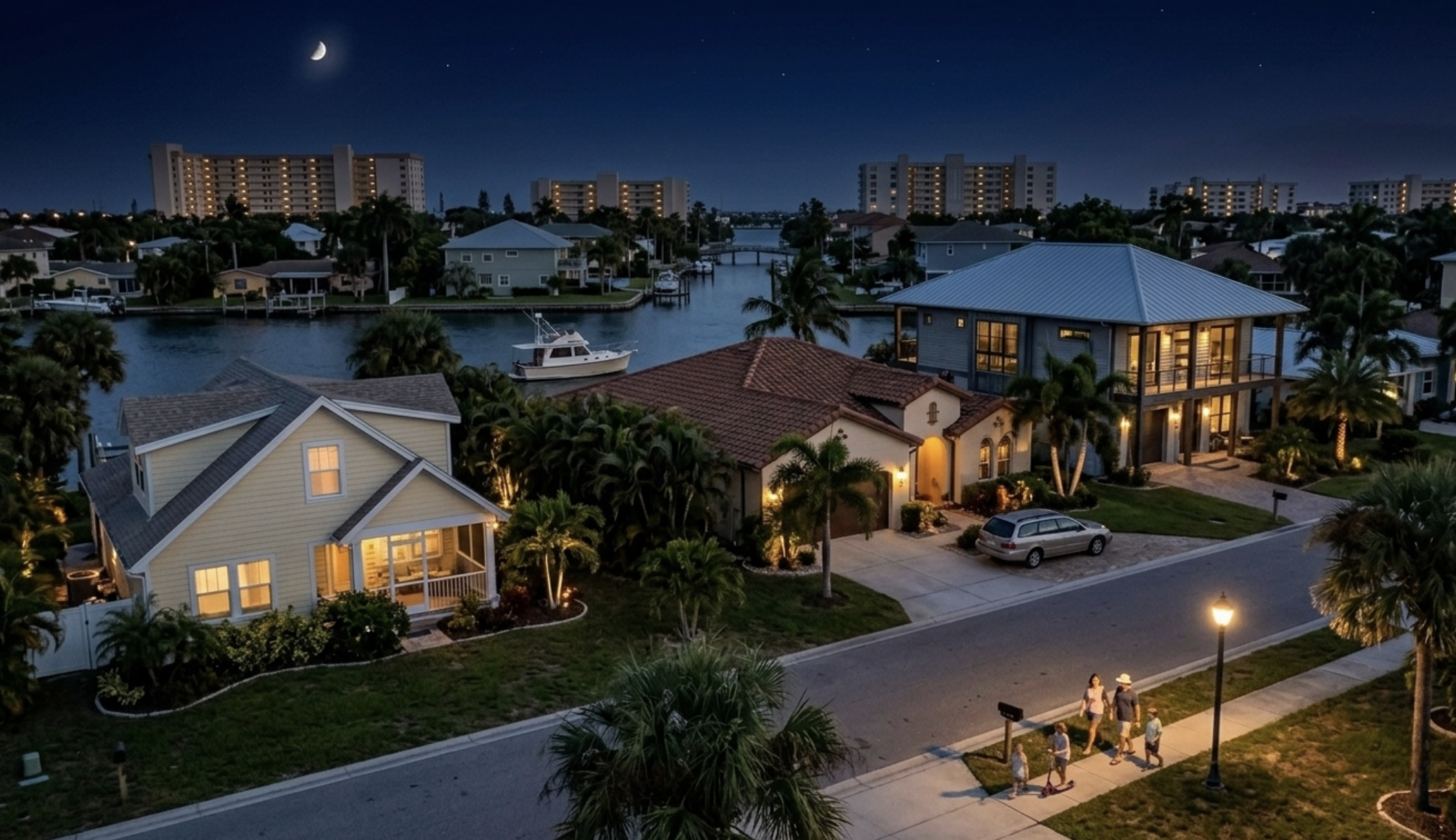Nighttime scene of a residential neighborhood with houses, palm trees, and a canal with a boat, under a dark sky with a crescent moon and stars.