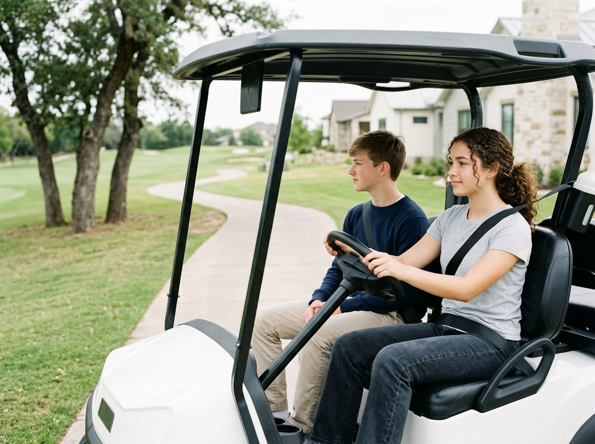 A teenage girl driving a golf cart on a golf course, with a teenage boy sitting beside her. The background shows a golf course with trees, grass, and a house.