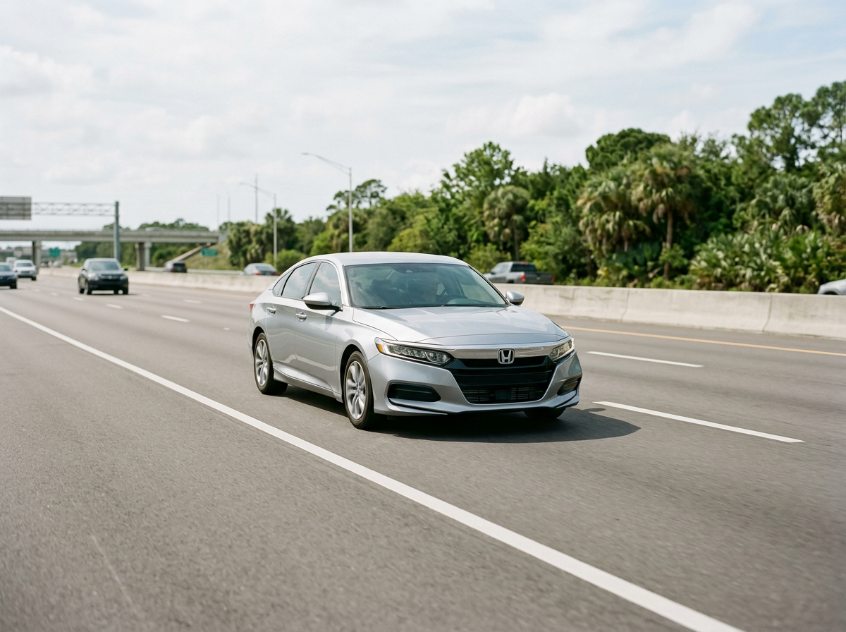 A silver Honda sedan driving on a multiple-lane highway with other vehicles in the background, surrounded by green trees and clear sky.