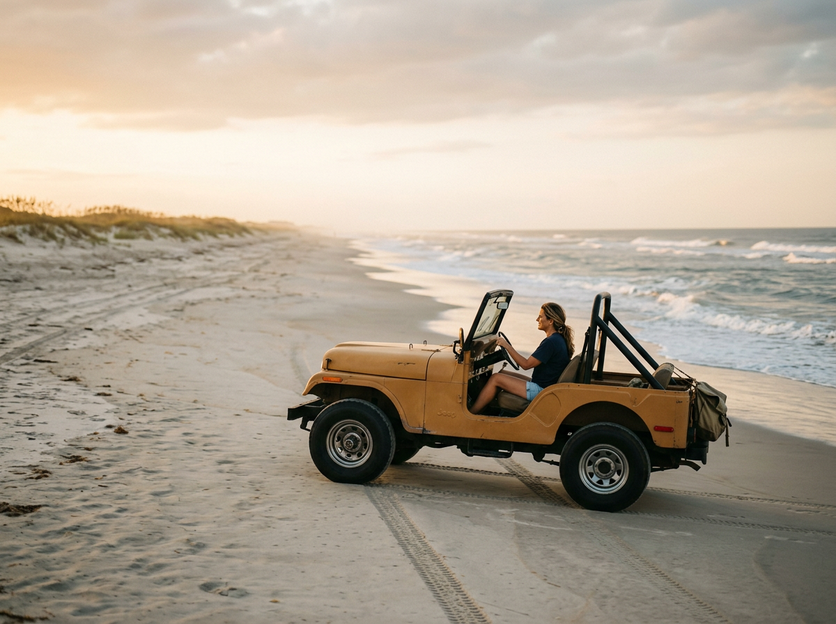 A woman sitting in a yellow open-top vehicle parked on a sandy beach near the ocean with ocean waves and a cloudy sky in the background.