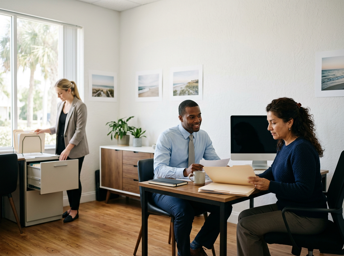 Two professionals, a man and a woman, sitting at a desk reviewing documents, while a woman in the background organizes files in a bright office in Florida with framed beach photos on the wall.