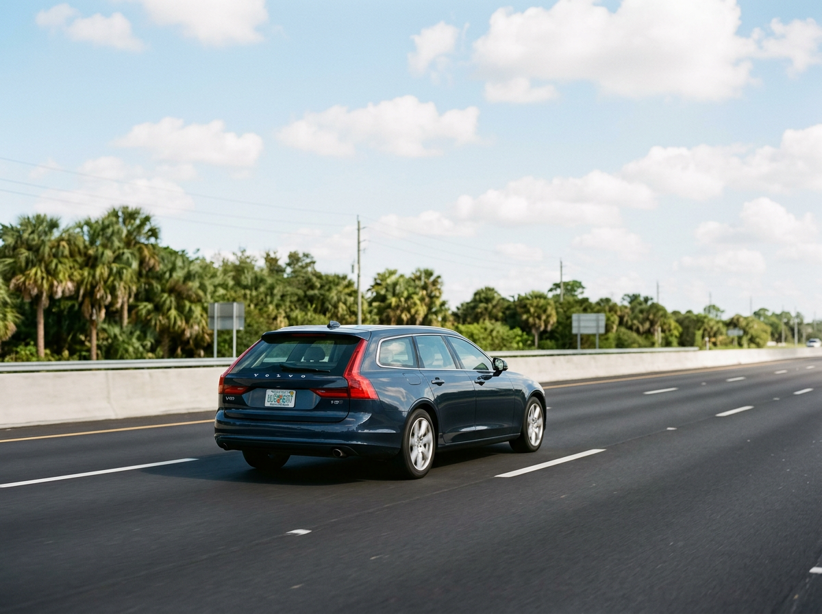 Blue SUV driving along a Florida highway beneath palm trees, representing safe driving and auto insurance.