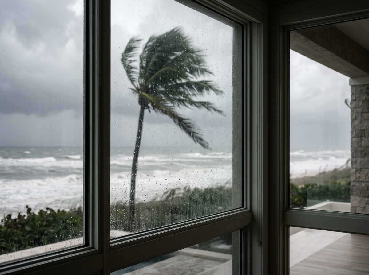 Rain-covered window overlooking a Florida palm tree during a storm, highlighting hurricane preparedness and severe weather.