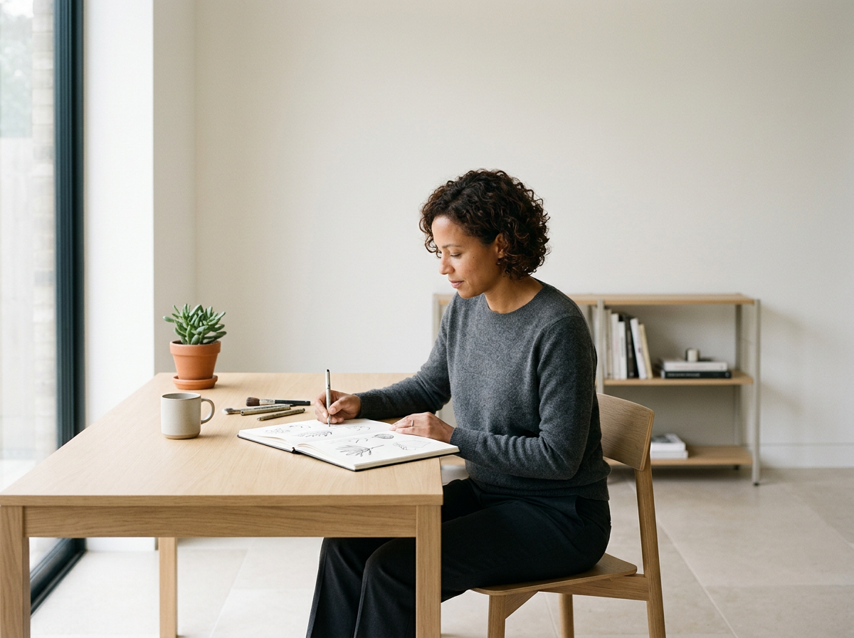 Woman reviewing financial plans and important documents at home, preparing for future life decisions.