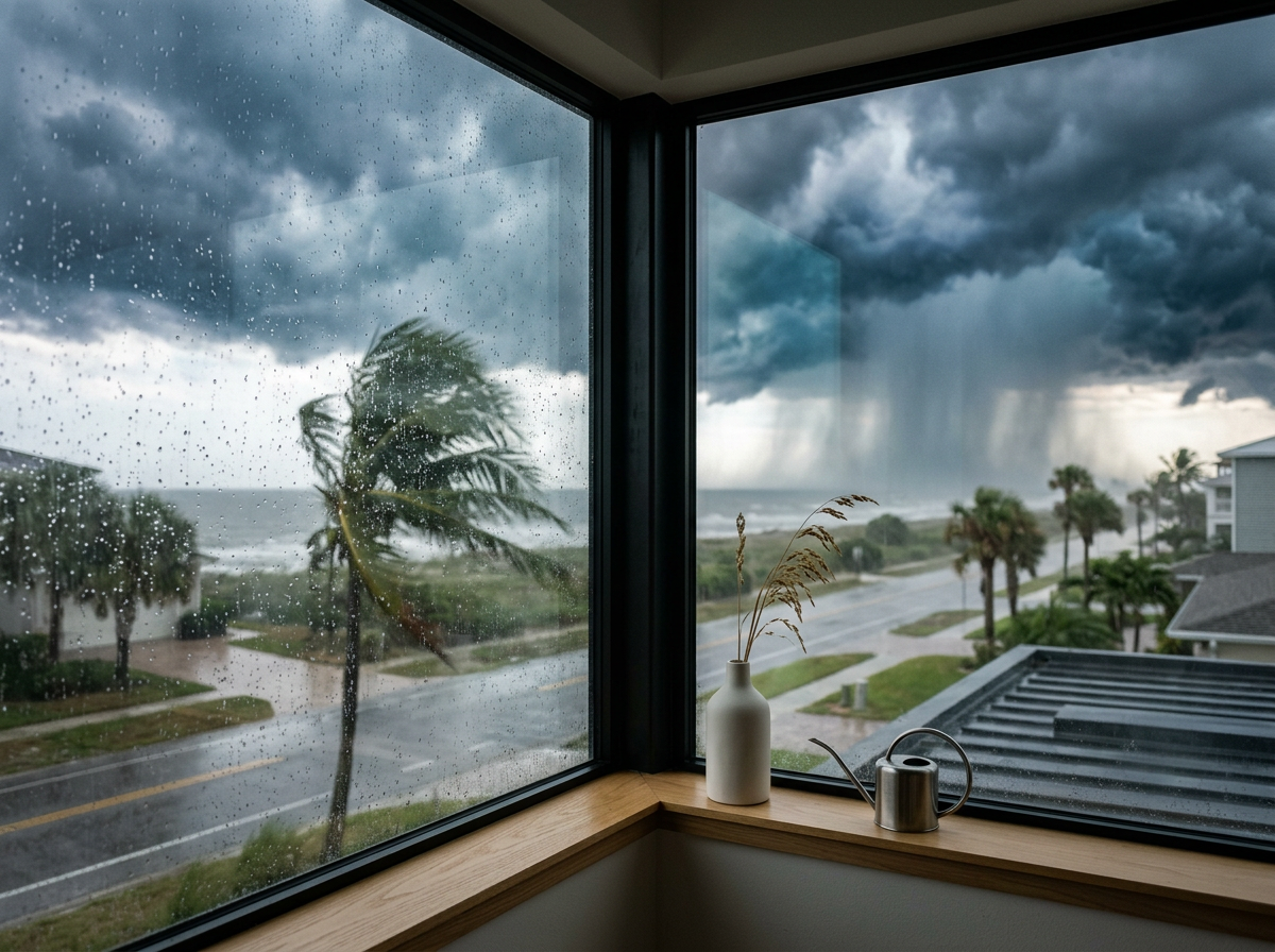 Stormy weather seen through a window with rain-covered glass, a palm tree bending in the wind, dark clouds, and rain falling in the distance. Inside, a vase with dried grass and a metal watering can sit on a wooden windowsill.