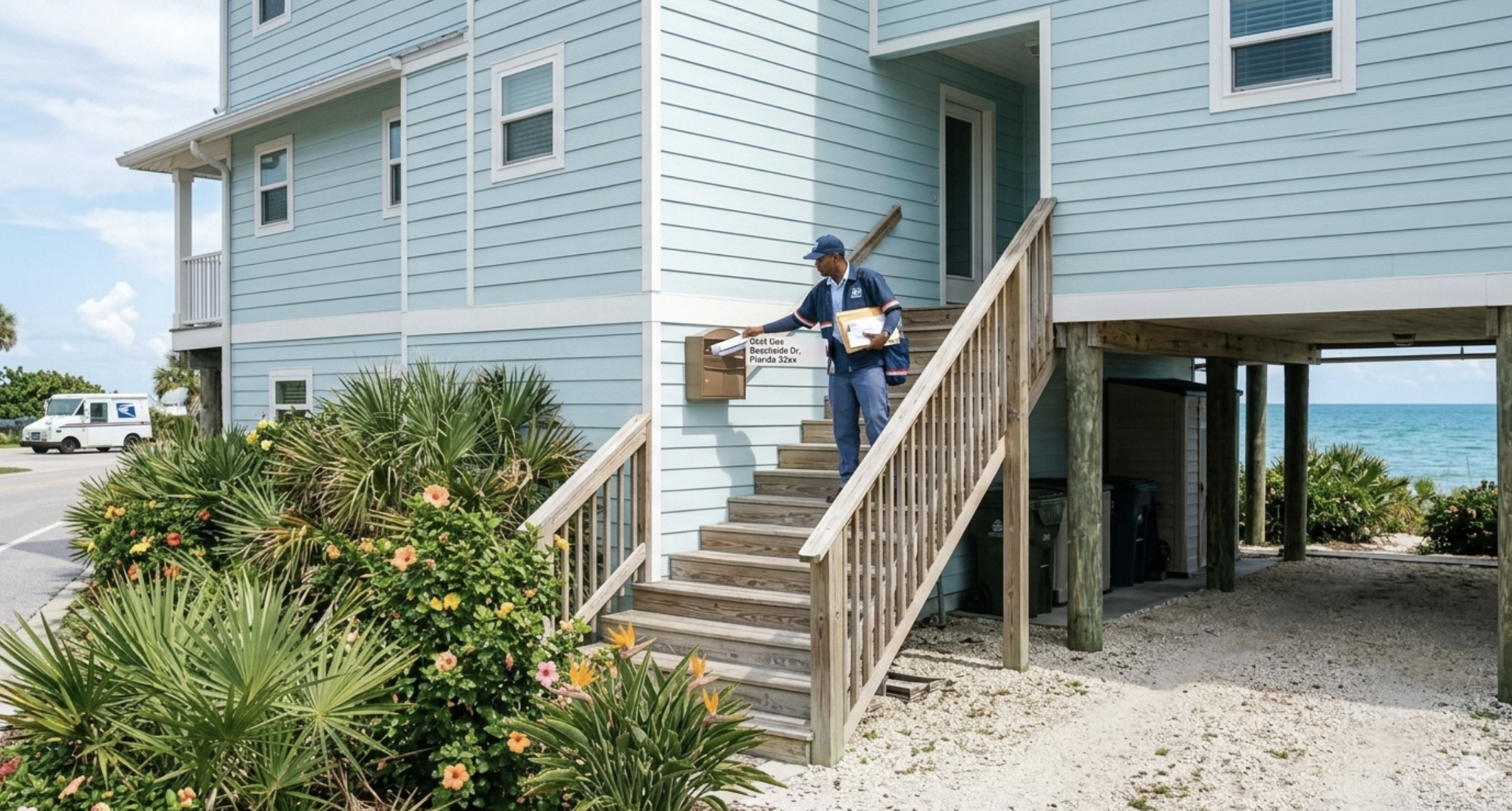 A USPS mail carrier placing mail into a mailbox attached to a light blue beach house. The house is elevated on stilts with stairs leading up to the door. Surrounding the house are tropical plants and flowers, with the ocean visible in the background.