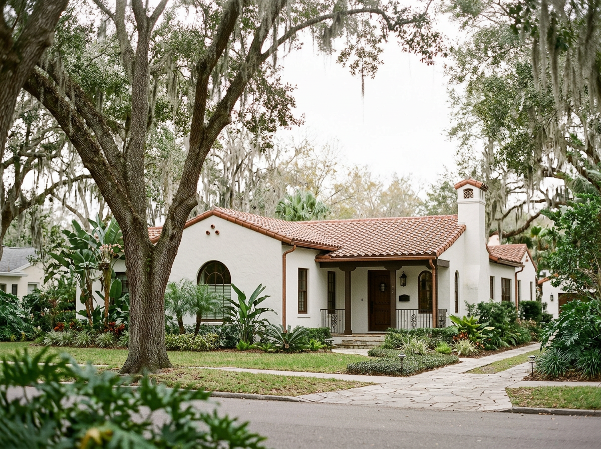 A white house with a red tile roof, surrounded by trees and lush greenery, with a stone pathway leading to the front door.