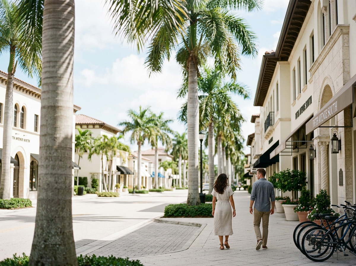 A man and woman walking along a palm tree-lined shopping street on a sunny day, with storefronts and bicycles nearby.
