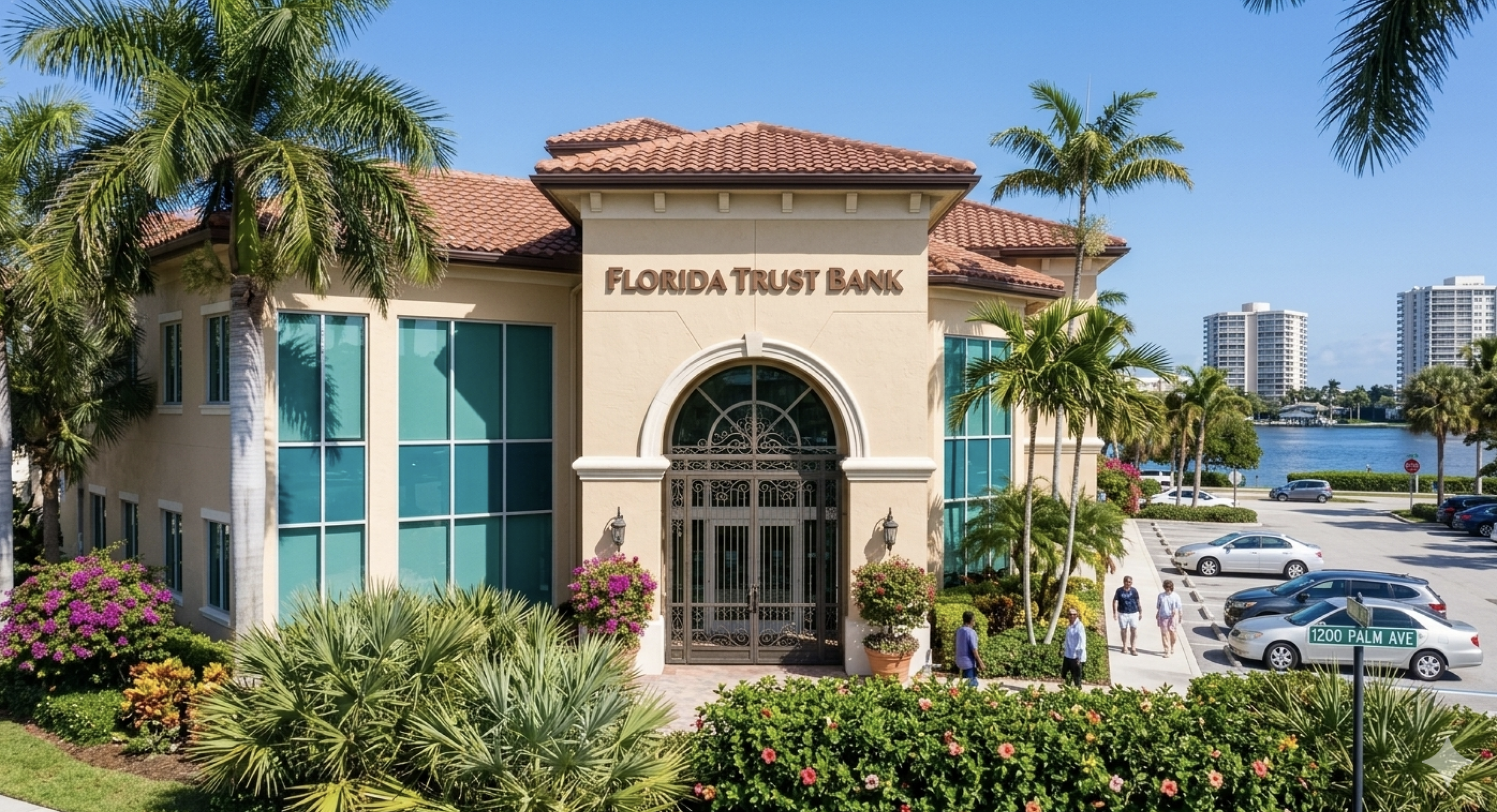 Exterior of Florida Trust Bank building with palm trees and colorful flower bushes in front, parking lot with cars, and a river with high-rise buildings in the background.