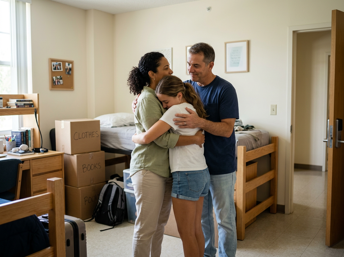 A family embraces each other in a warmly lit college dorm room, surrounded by cardboard boxes labeled 'Clothes,' 'Books,' and 'Pouch,' with a bed, desk, and personal items in the background.