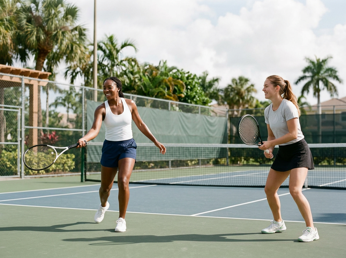 Two women playing pickleball on an outdoor court surrounded by palm trees and a fence, with one woman hitting the ball and the other preparing to receive.