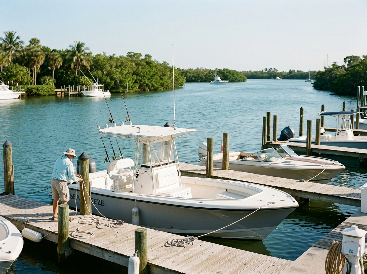 A man in a straw hat and light blue shirt on a wooden dock prepares a white motorboat for sailing in a marina with other boats and green trees in the background.