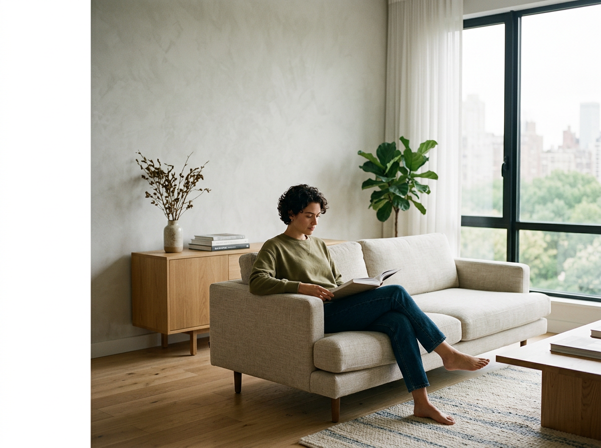 Woman sitting on a beige sofa reading a book in a living room with large windows, a wooden sideboard, a potted plant, and minimalist decor.