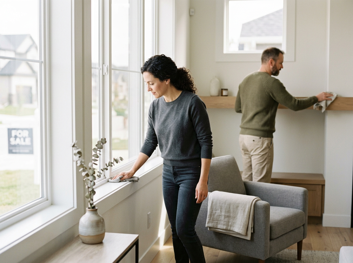 A woman cleaning a large window in a living room, with a man in the background wiping a shelf.