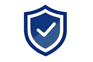 A blue shield with a checkmark inside, symbolizing security or protection.