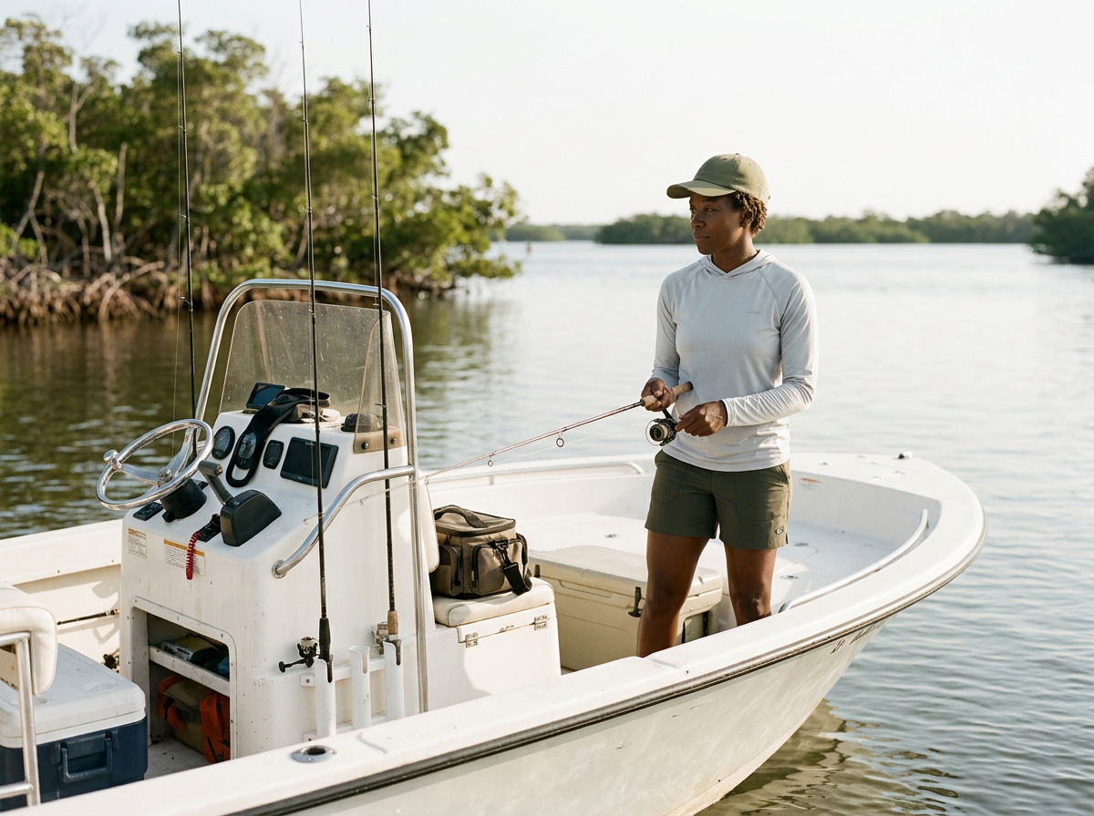 A woman fishing on a white boat in a calm waterway with trees and mangroves in the background.