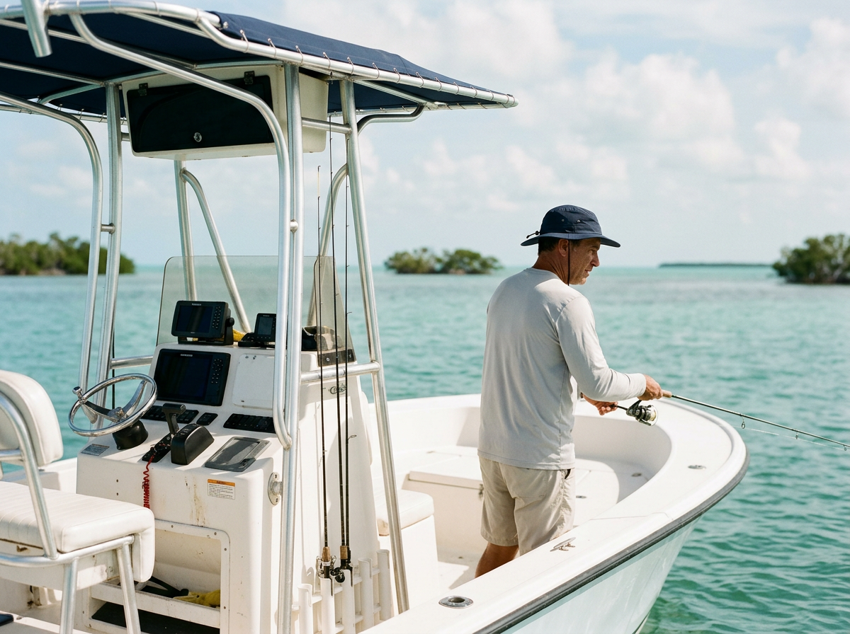 A man fishing on a boat in a tropical water setting with small islands in the background.