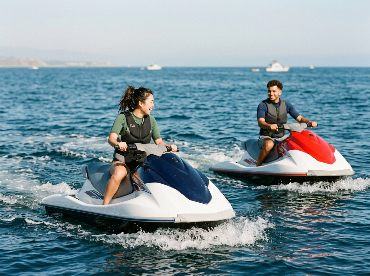 A woman and a man riding jet skis on the ocean, smiling and wearing life jackets, with boats and a distant shoreline in the background.