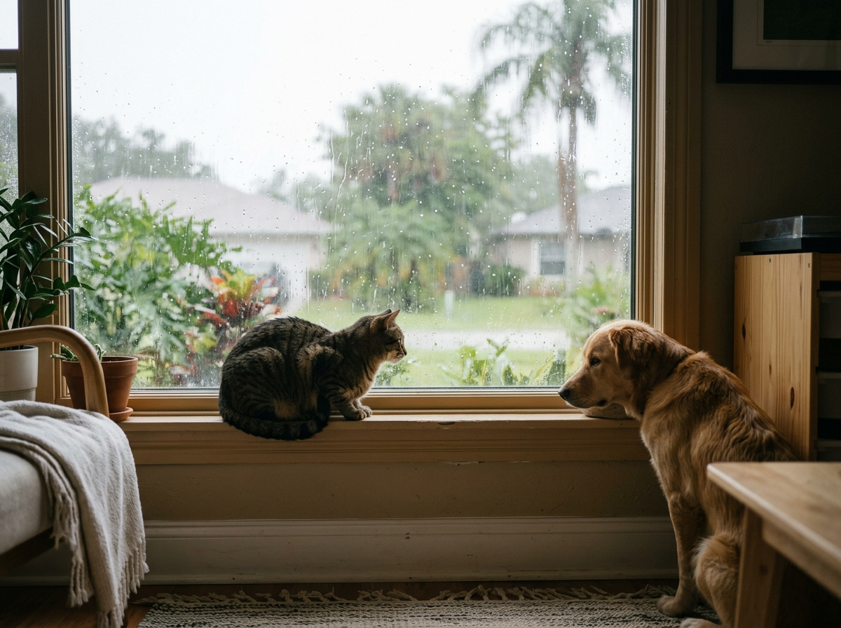 A cat and dog looking at each other inside a house near a window on a rainy day.