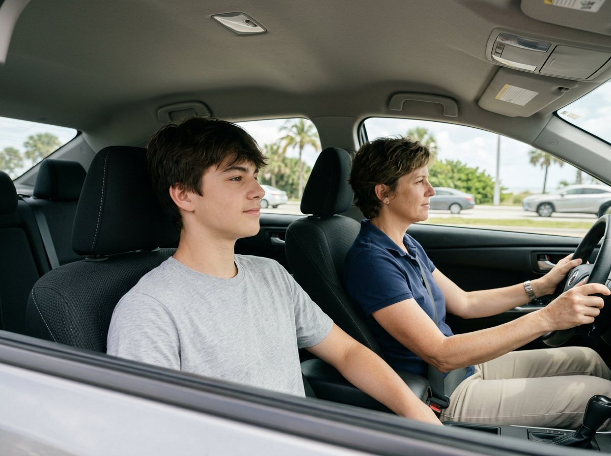 A woman driving a car with a teenage boy sitting in the passenger seat.