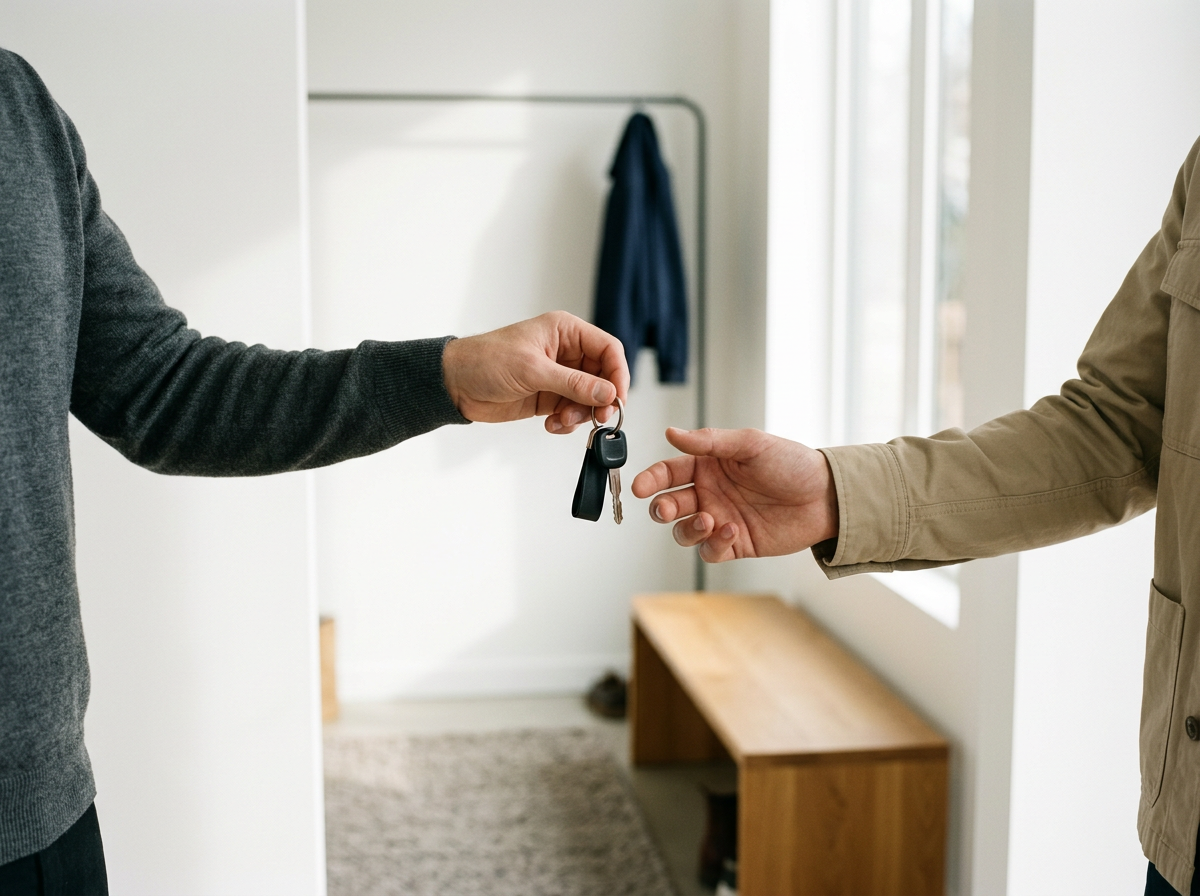 Person handing over house keys to another person in an entryway in Florida.