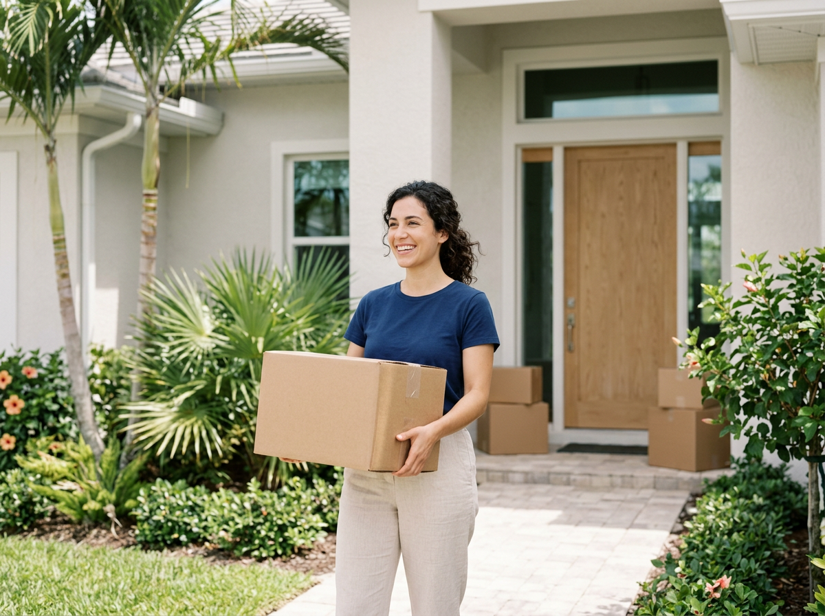 A woman holding a cardboard box standing outside a house with a front door, surrounded by plants and flowers, with additional boxes on the porch.