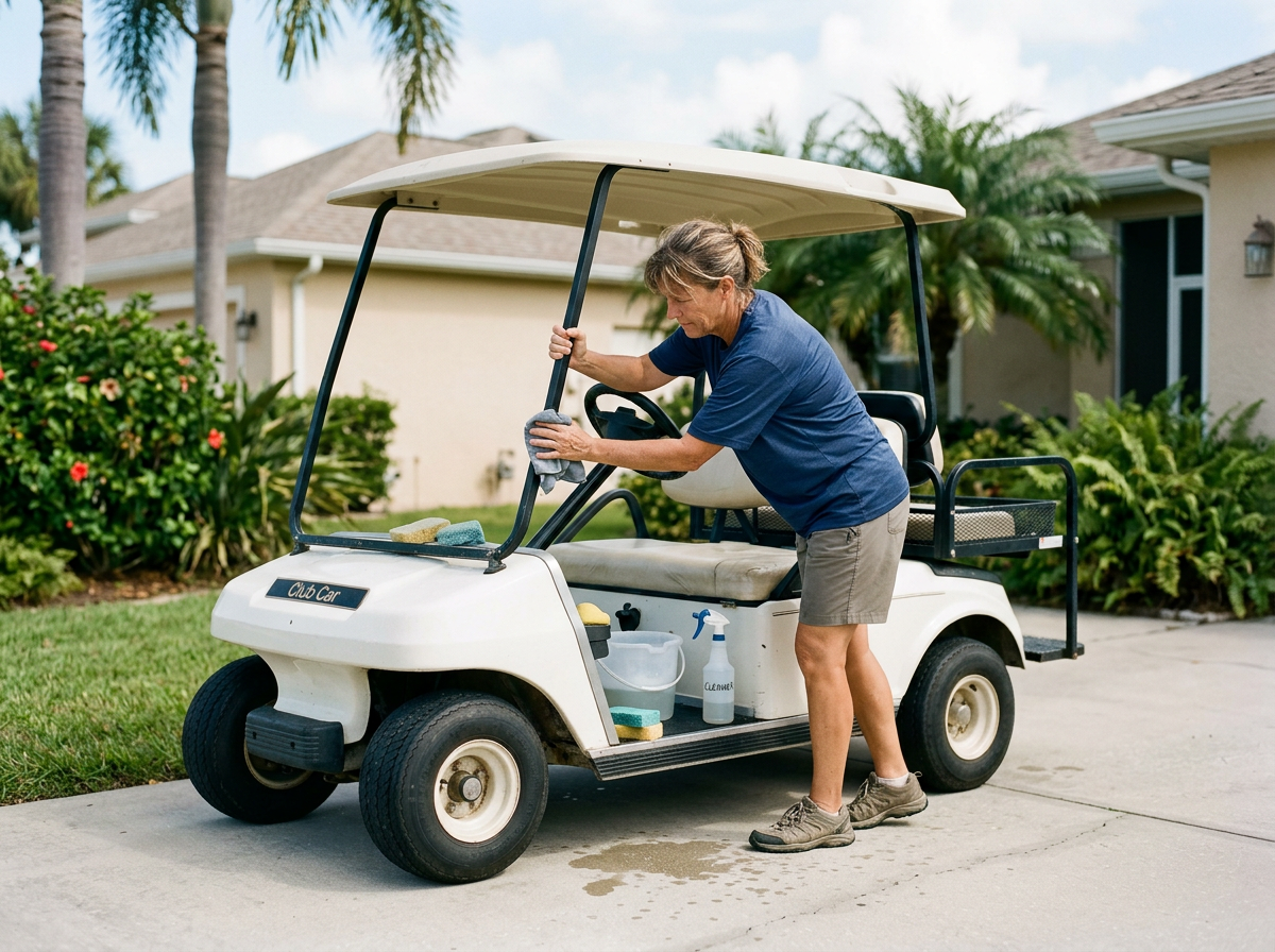 A woman cleaning a white golf cart outdoors near a house with tropical plants.