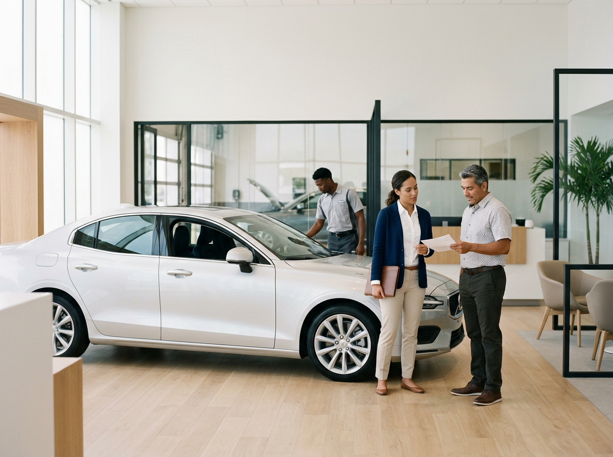Couple reviewing paperwork at a Florida car dealership while purchasing a new vehicle.