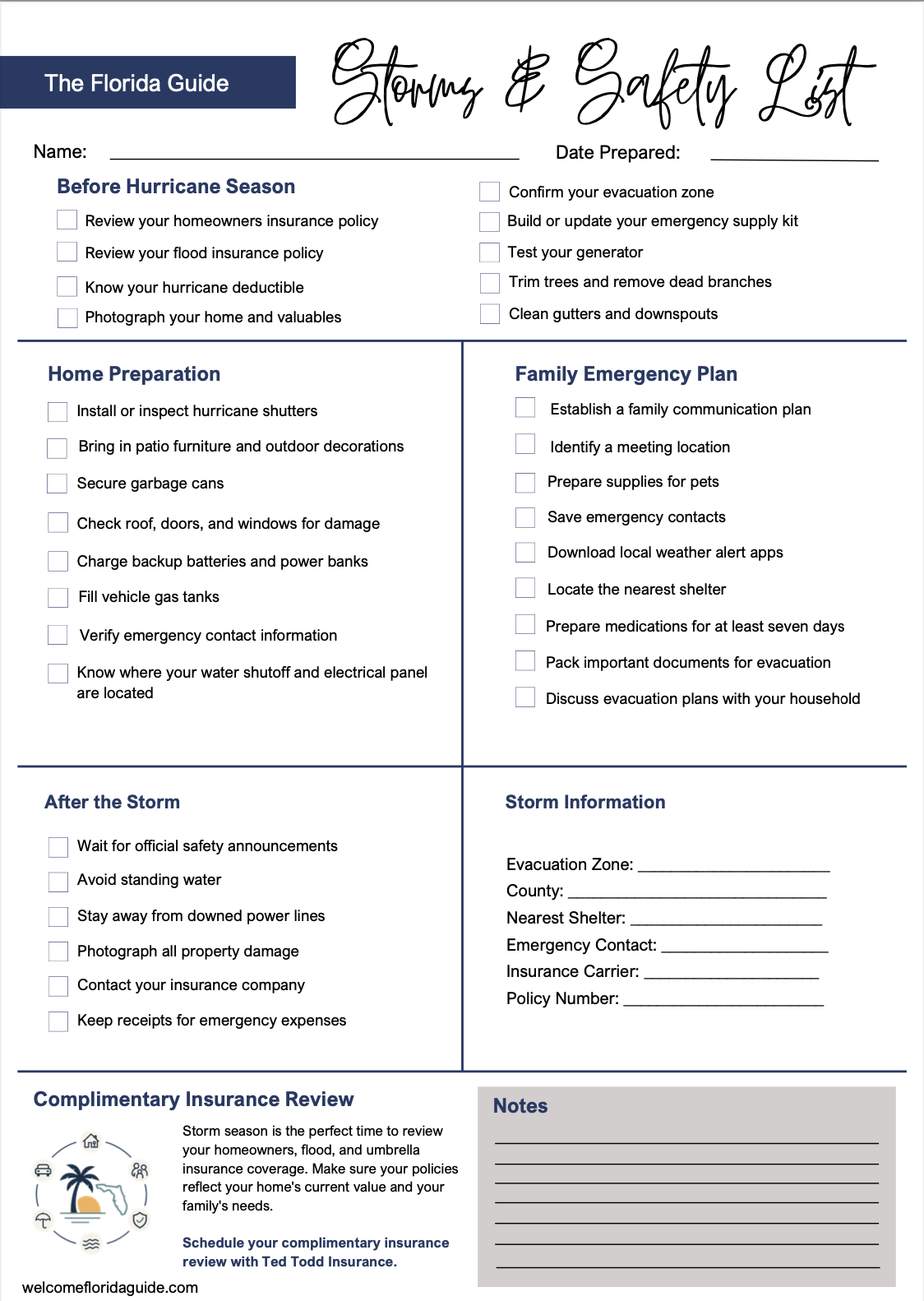 A hurricane preparedness checklist titled 'Storms & Safety List' with sections for before hurricane season, home preparation, after the storm, family emergency plan, and storm information, including items to review, prepare, and verify.