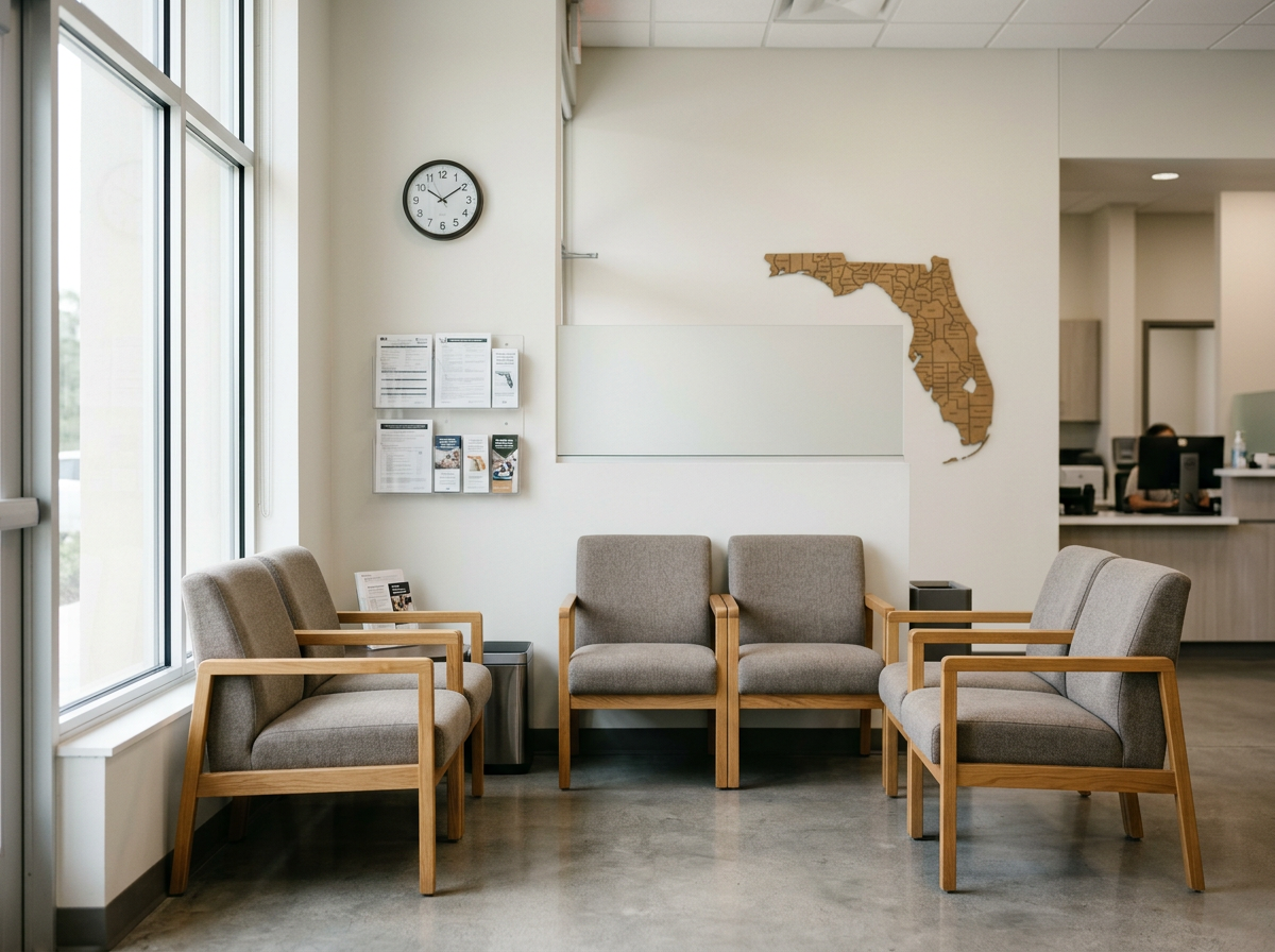 A waiting room with beige chairs, large windows, a wall clock showing 3:15, and informational pamphlets on the wall. There is a framed map of Florida on the wall. In the background, a reception desk and a person working at a computer are visible.