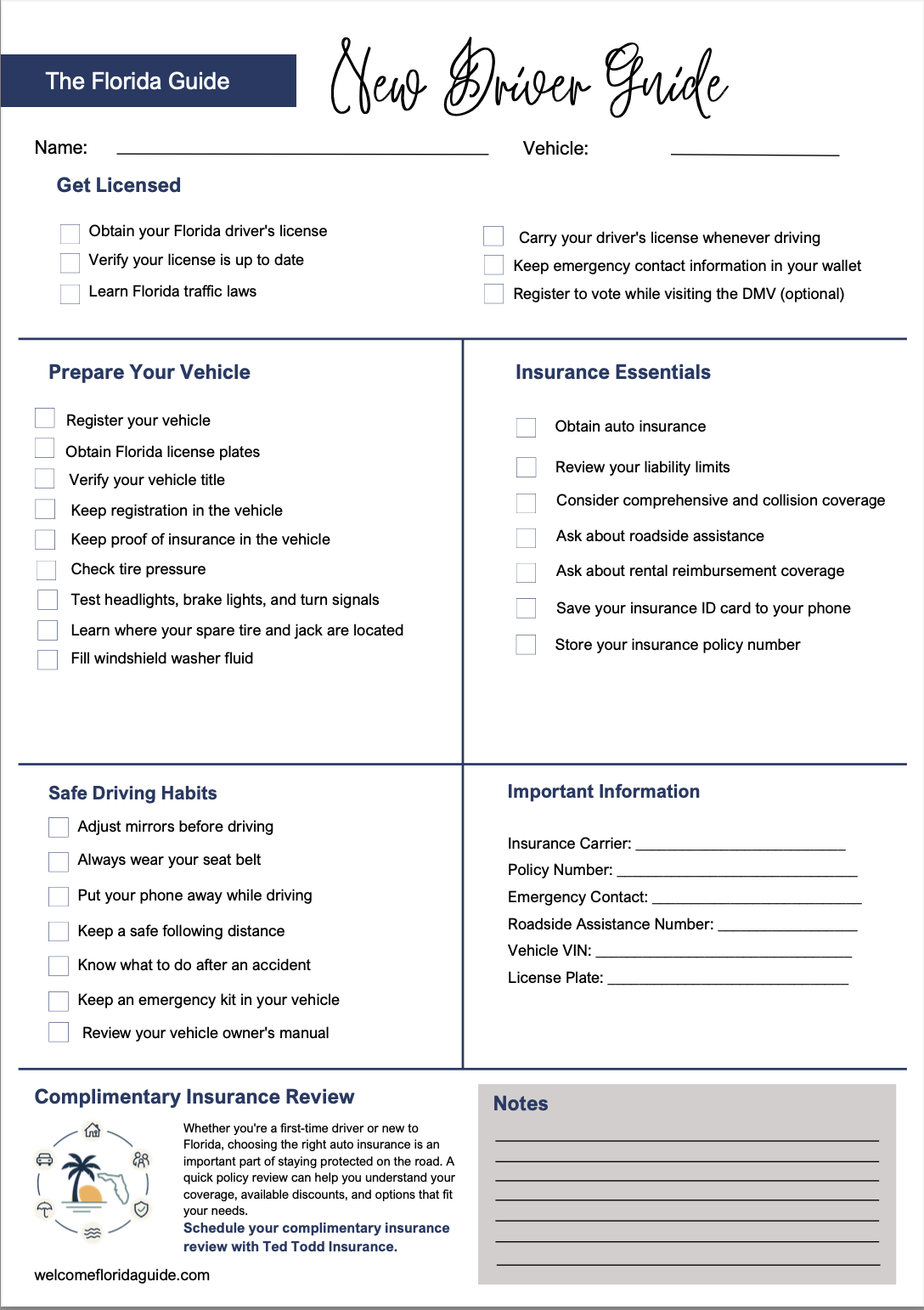 A Florida driver guide in printable format featuring sections on getting licensed, preparing your vehicle, insurance essentials, safe driving habits, and important personal information, with checklists and a small Florida-themed graphic at the bottom left.