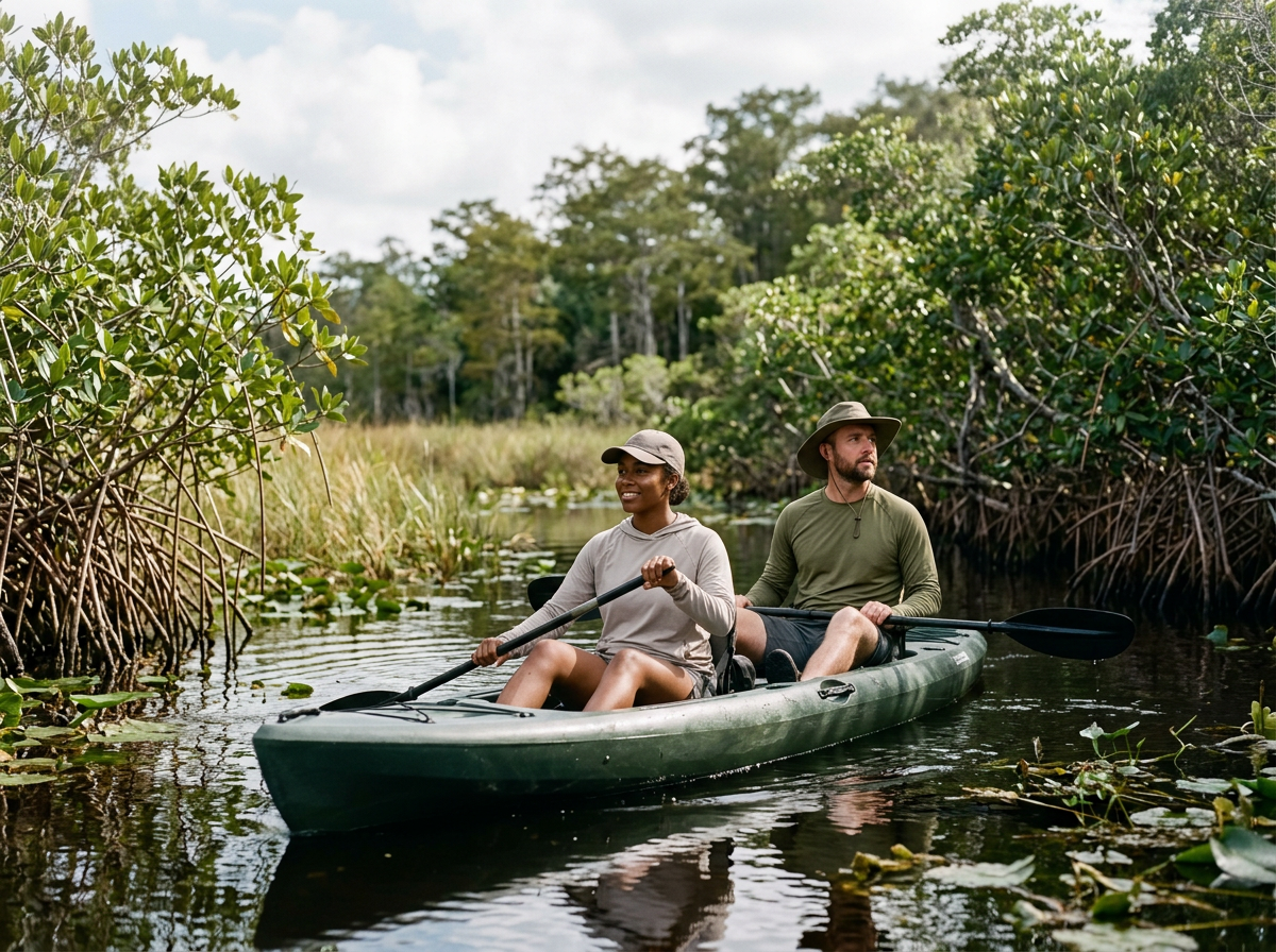 Two people in a kayak paddling through a lush mangrove waterway.