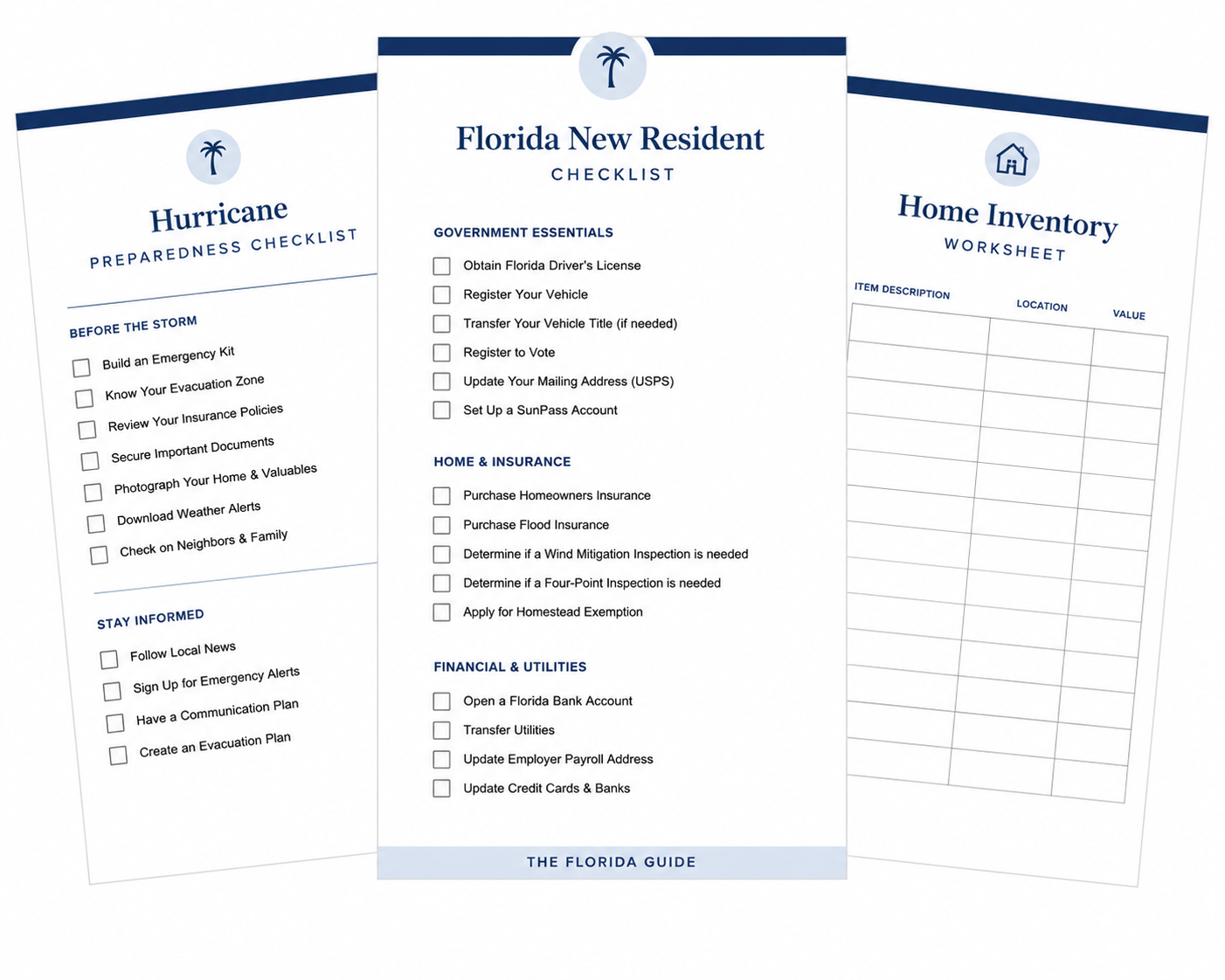 Collection of three checklists and worksheet documents for new Florida residents, including hurricane preparedness, government essentials, and home inventory, featuring checkboxes and blank spaces for information.