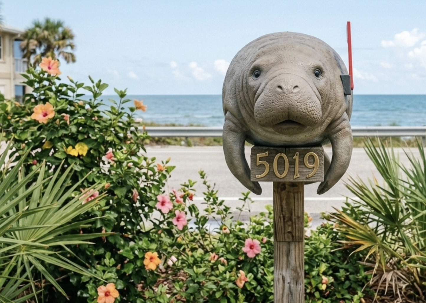 A mailbox shaped like a platypus with a house number 5019, surrounded by colorful flowers and green foliage, with the ocean and sky in the background.