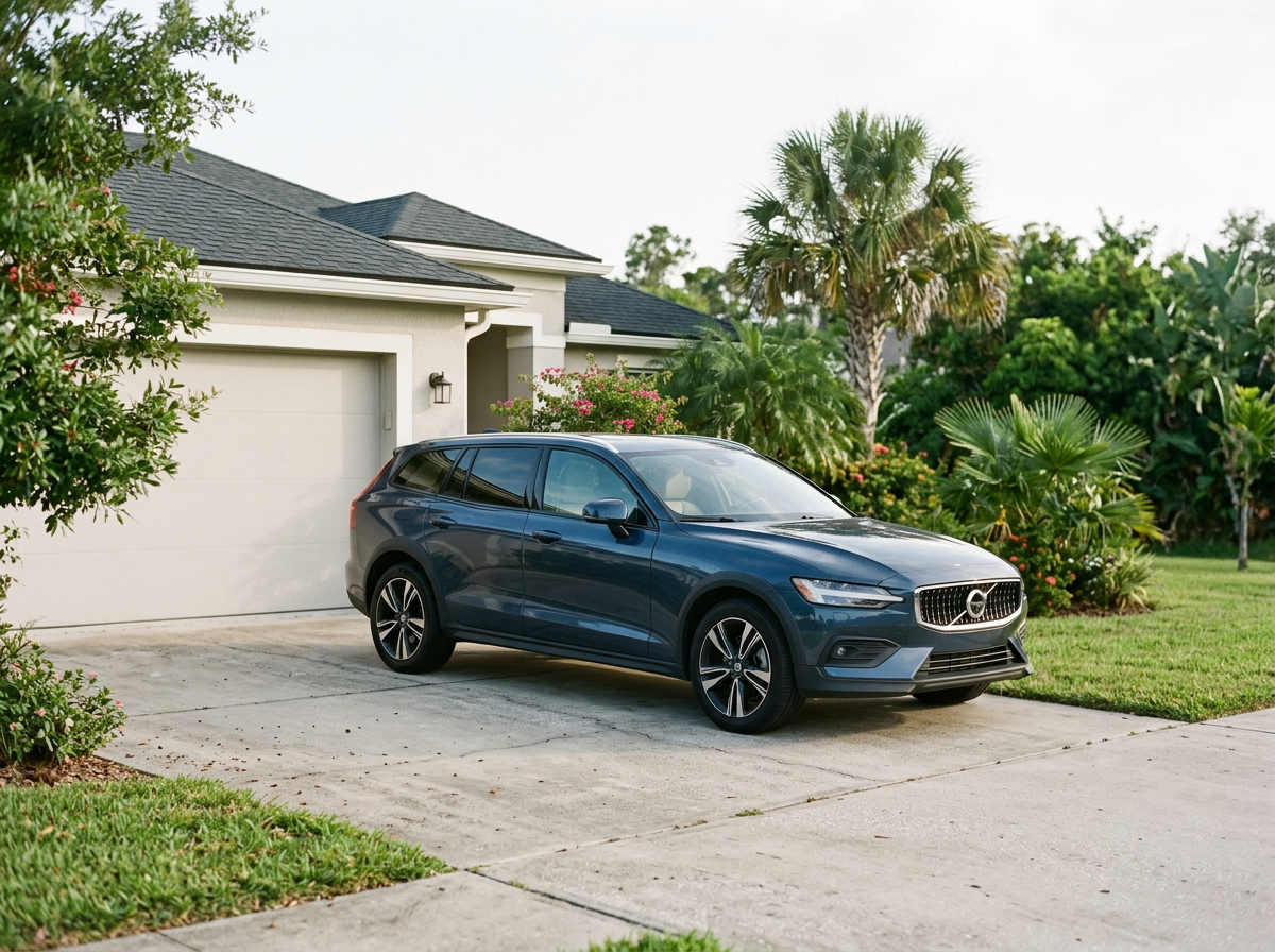 A blue Volvo station wagon parked in the driveway of a suburban house with a white garage door, surrounded by green landscaping and palm trees.